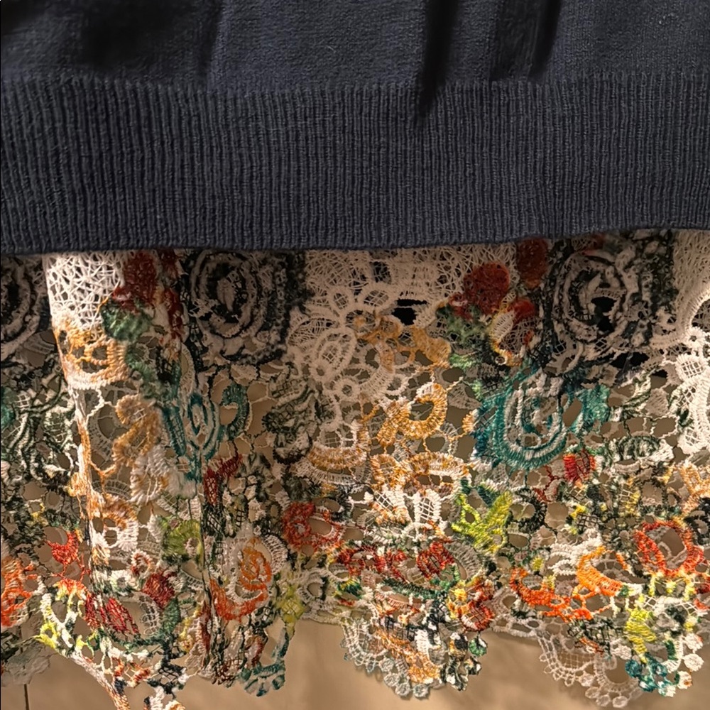 Brand new Navy Sleeveless Beautiful sweater with floral multicolored lace